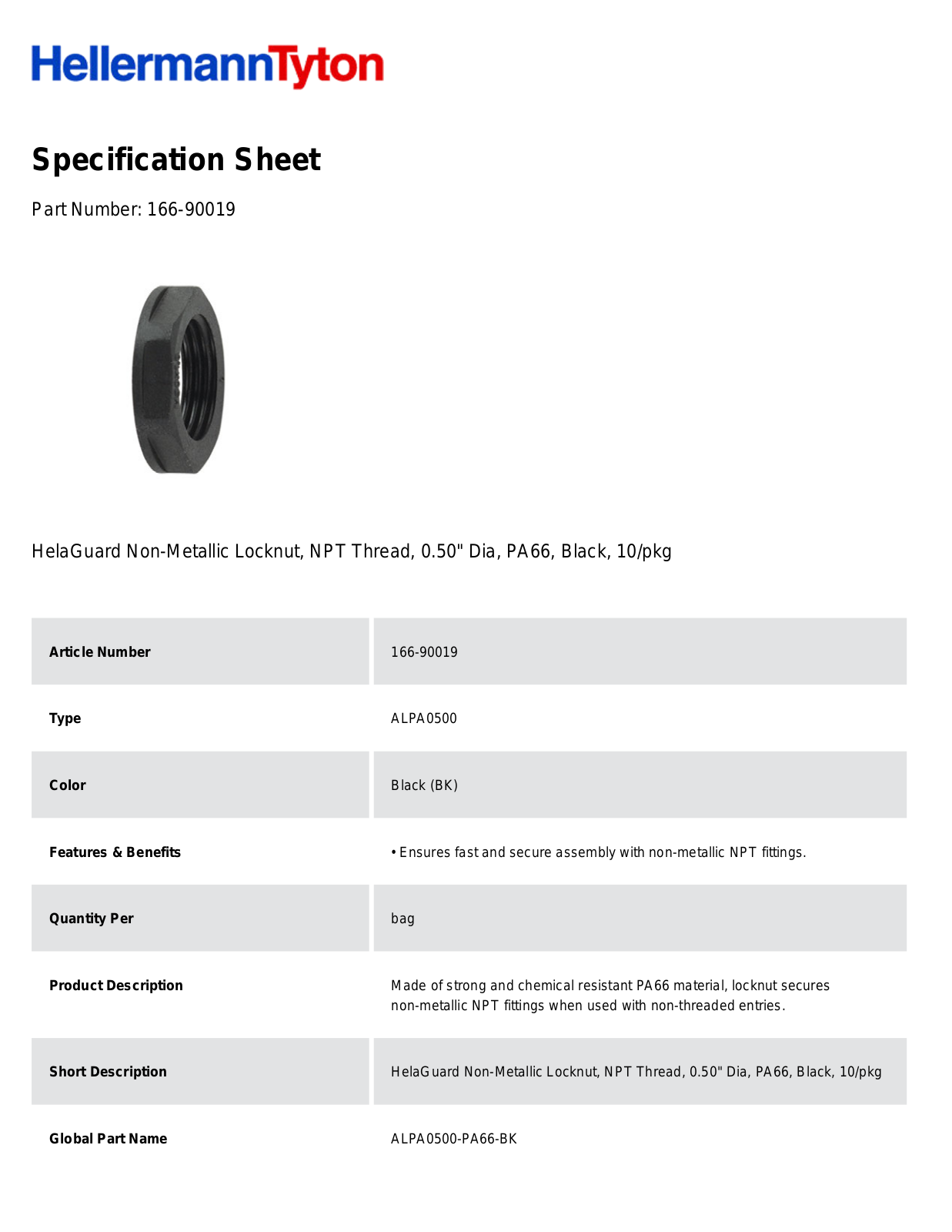 HellermannTyton 166-90019 Specification Sheet
