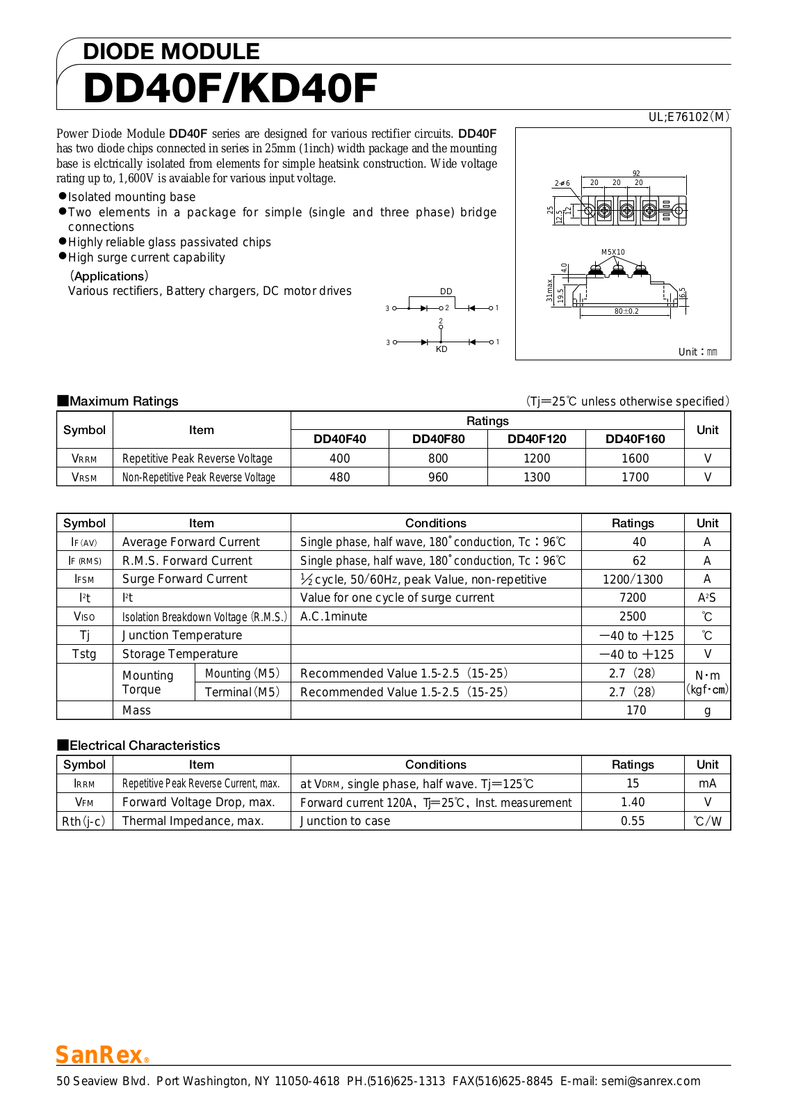 Sanrex-Sansha Electric Manufacturing DD40F, KD40F Data Sheet