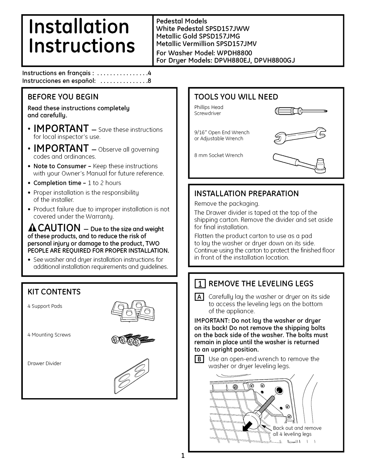 GE SPBD880J0MG, SPBD880J0MV, SPBD880J0WW, SPSD157J0MG, SPSD157J0MV Installation Guide - ManualMachine.com