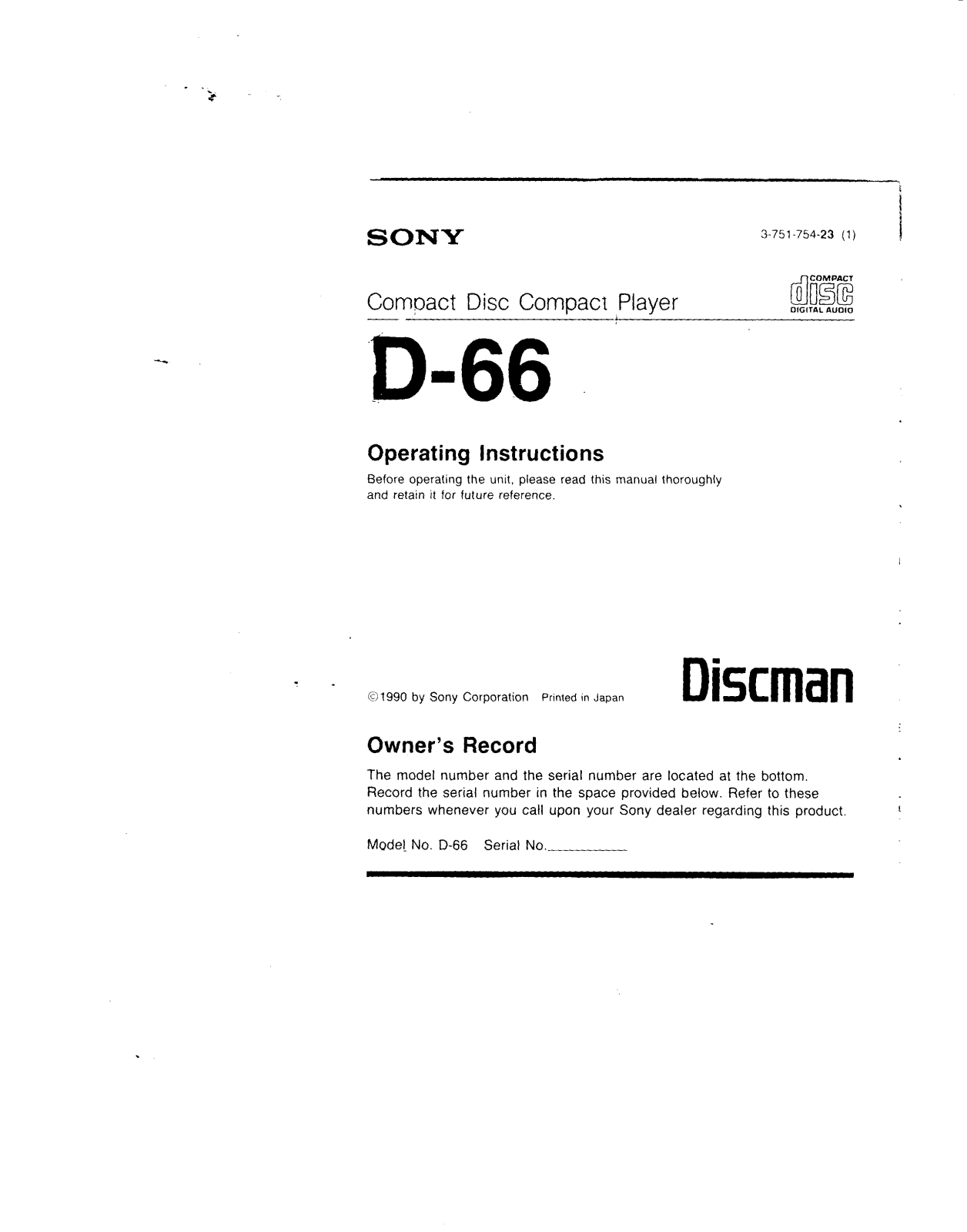 Sony D66 Operating Instructions