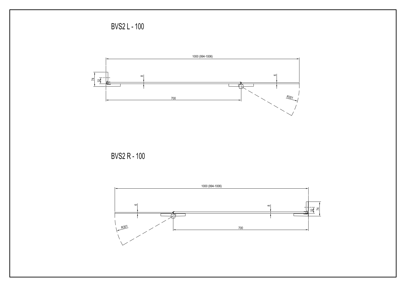 Ravak BVS2 L - 100, BVS2 R- 100 Dimensions