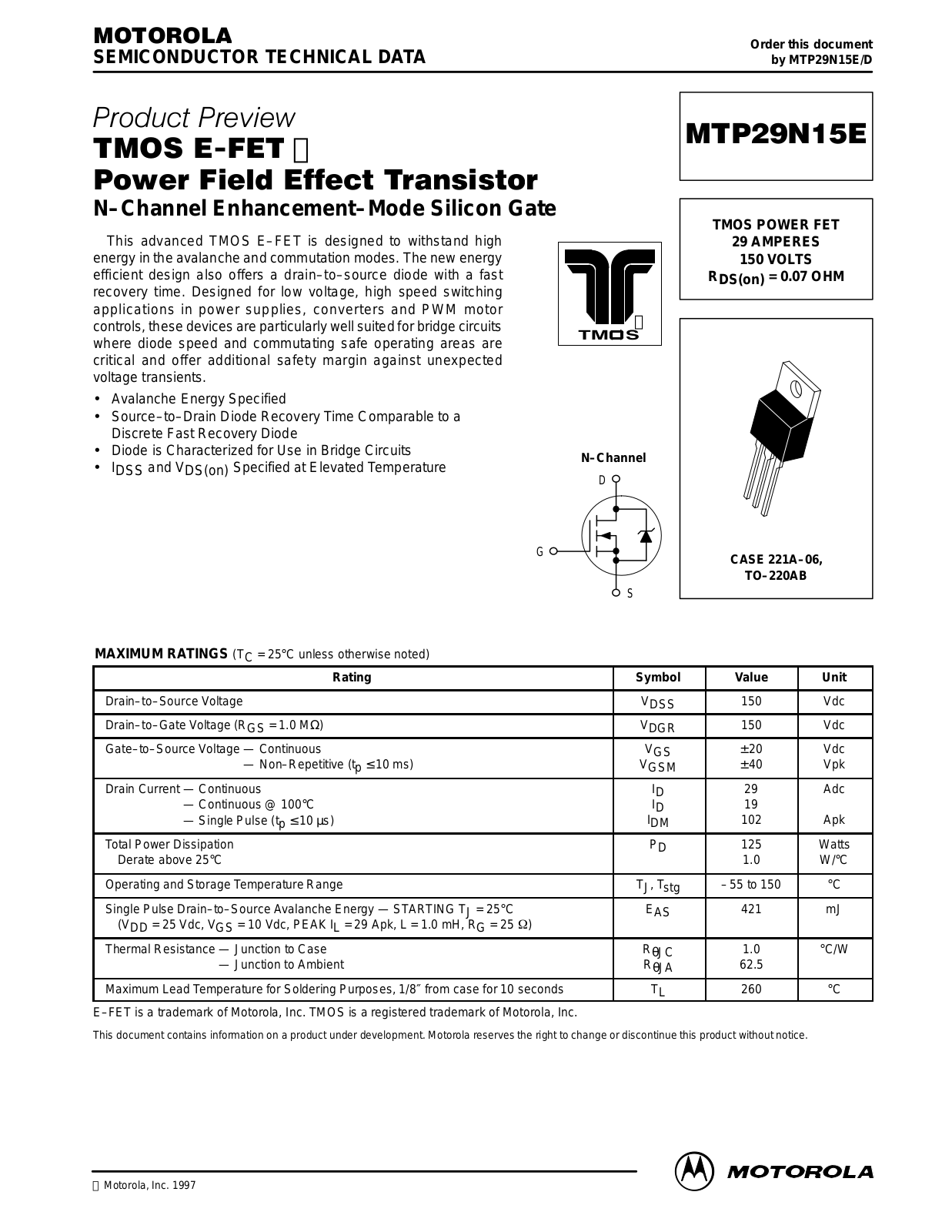 Motorola MTP29N15E Datasheet