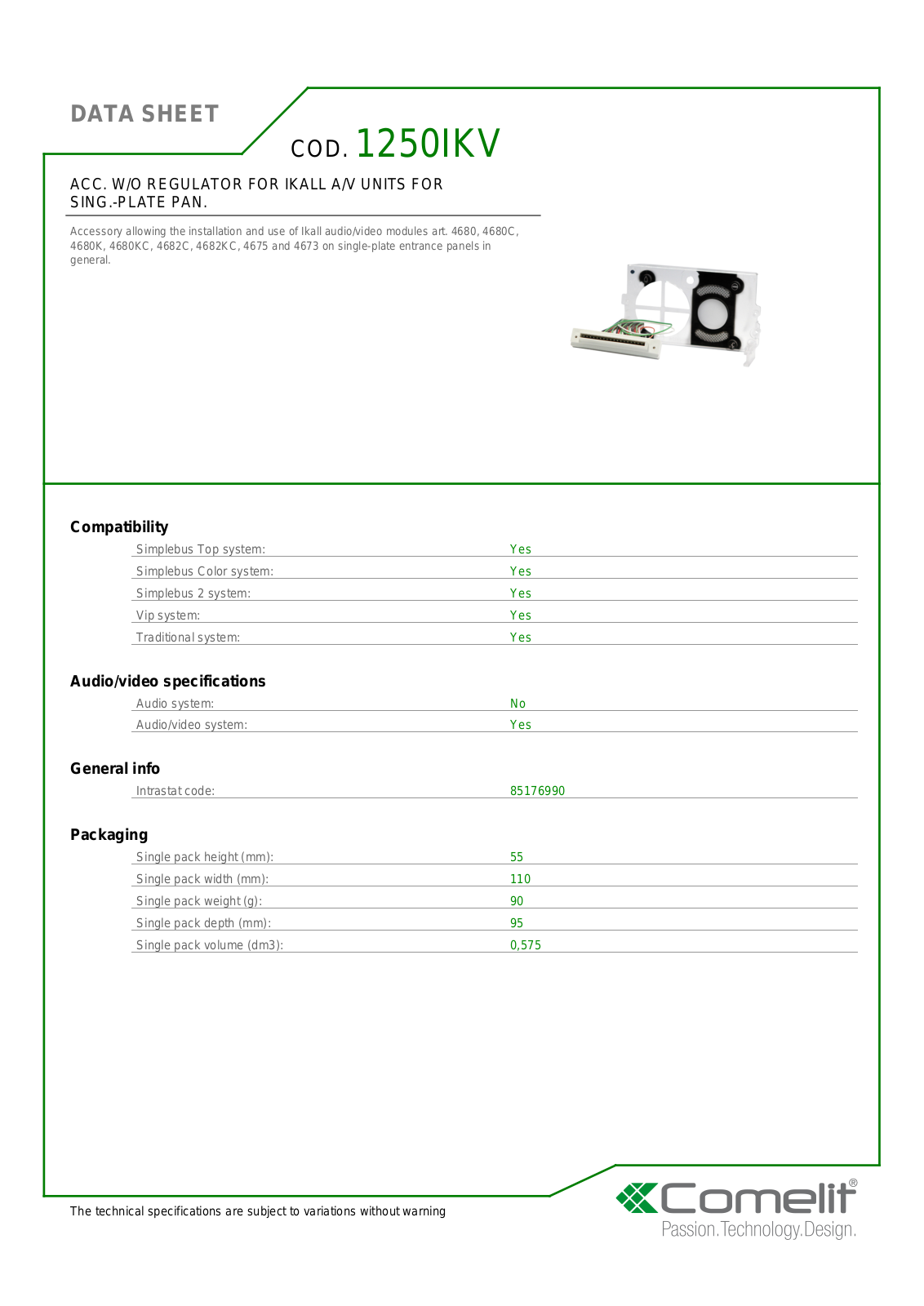 Comelit 1250IKV Specsheet