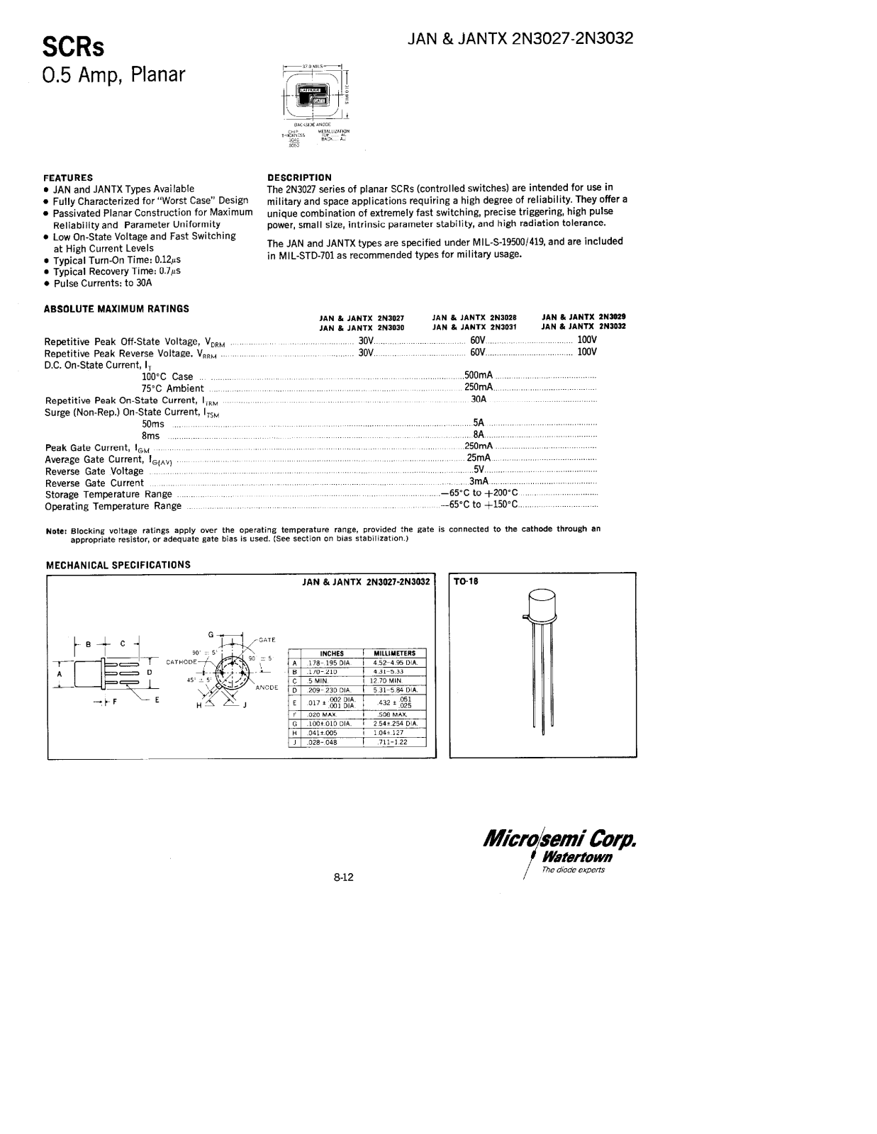 Microsemi Corporation 2N3032, 2N3031, 2N3030, 2N3029, 2N3028 Datasheet