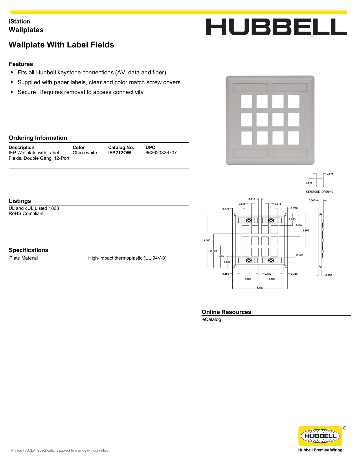 Hubbell IFP212OW Specifications