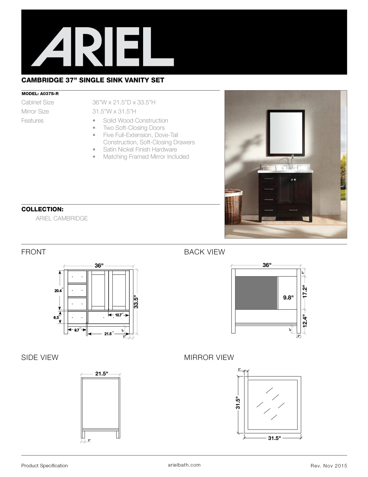 Ariel A037SRCWRESP, A037SRCWRGRY, A037SRCWRVOWHT, A037SRCWRVOESP, A037SRVOESP Specifications