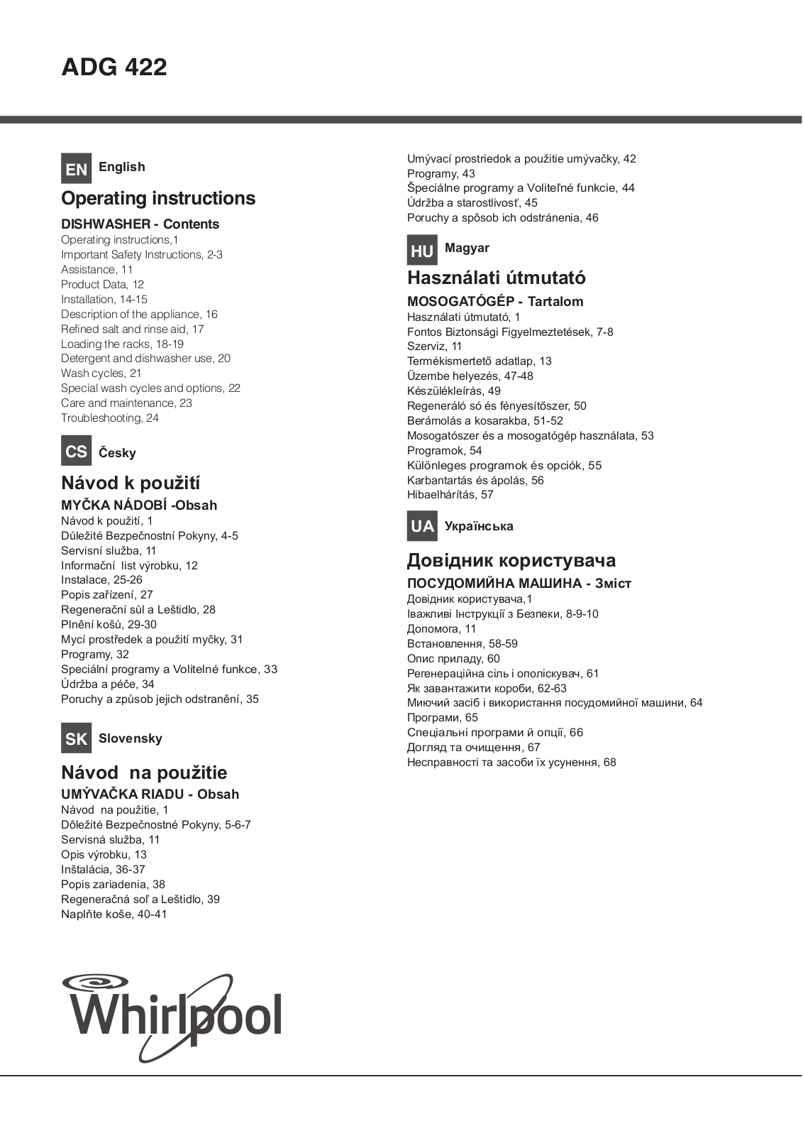 WHIRLPOOL ADG 422 User Manual