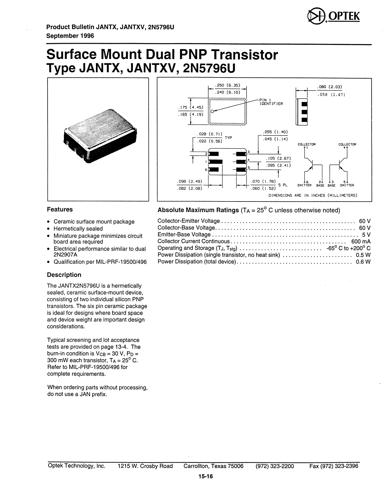 OPTREX 2N5796U Datasheet