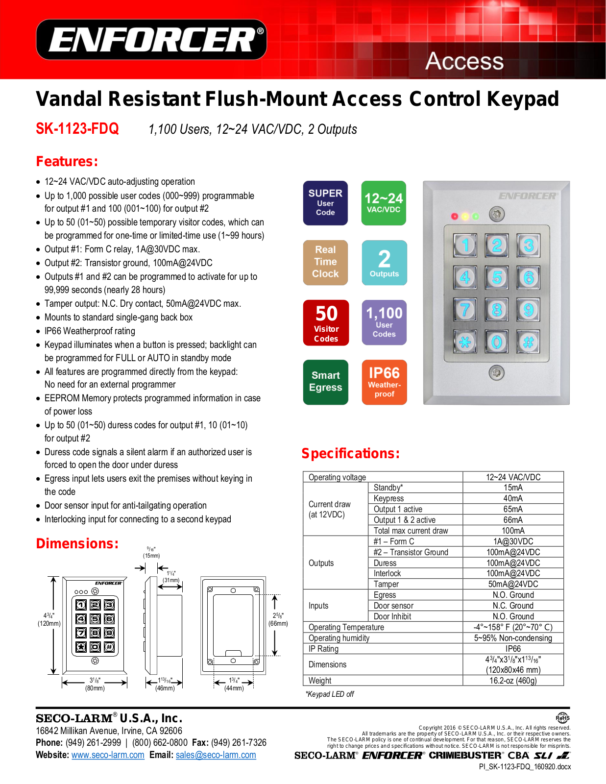 Seco-Larm SK-1123-FDQ Specsheet