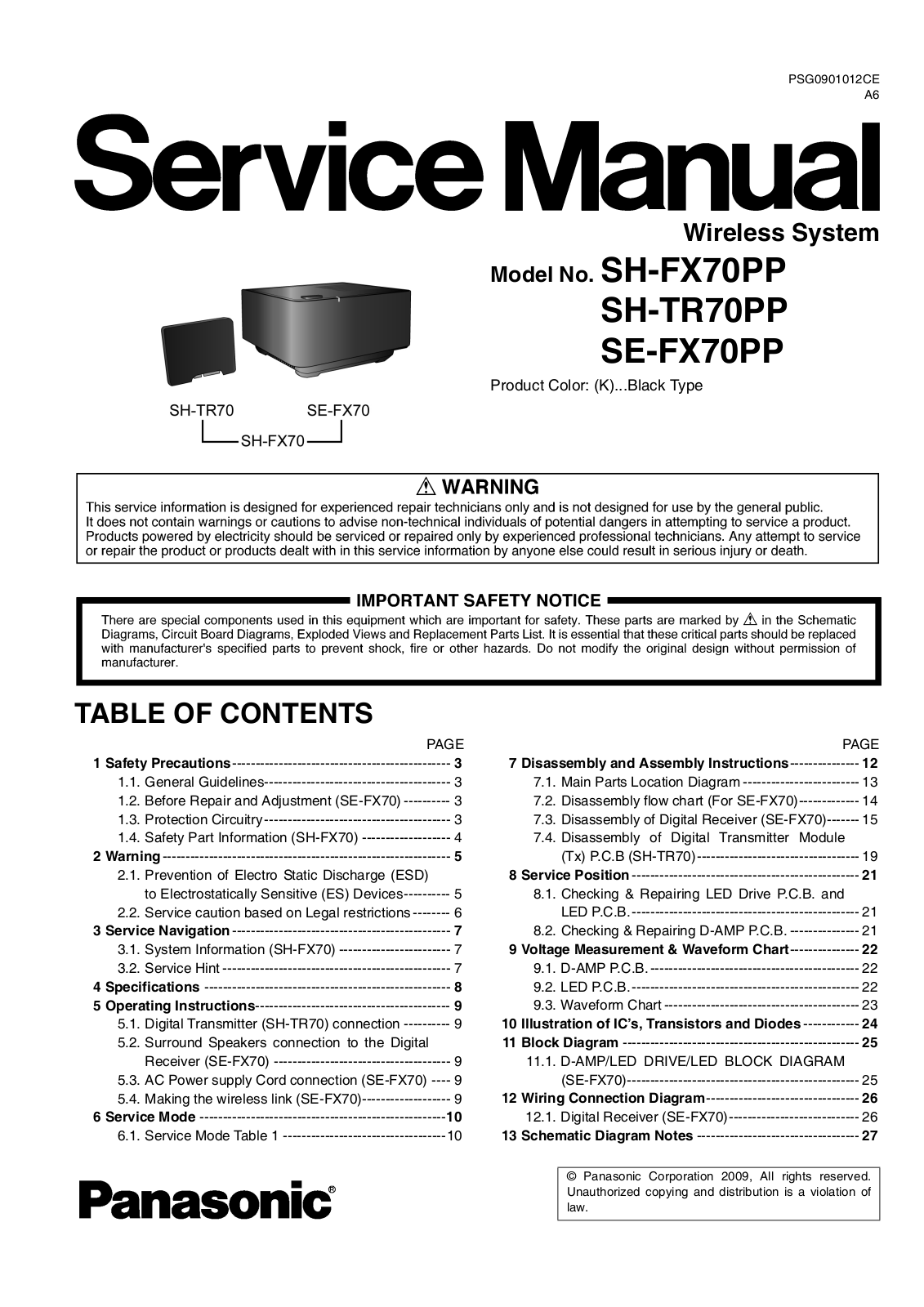 Panasonic SEFX-70-PP, SHFX-70-PP, SHTR-70-PP Service manual