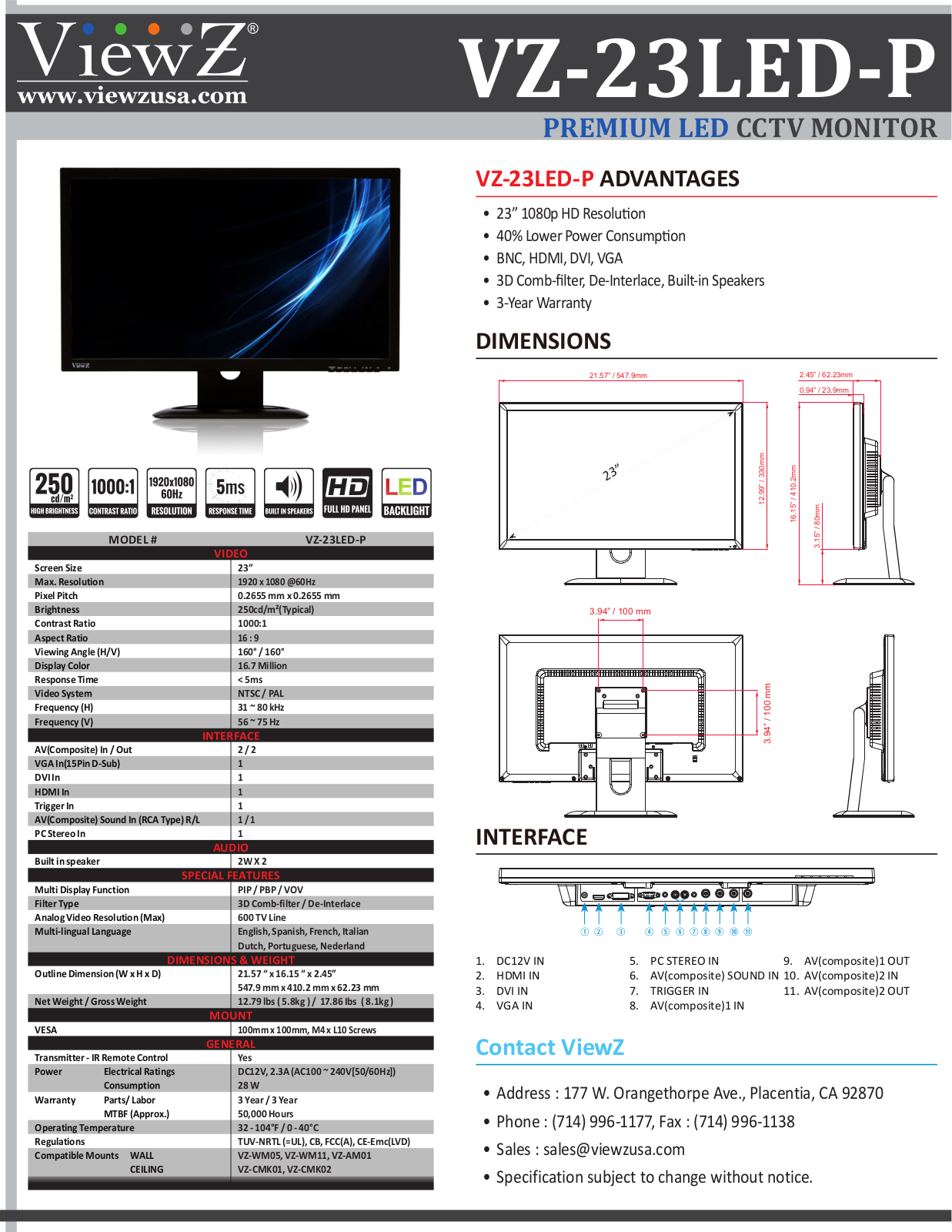 ViewZ VZ-23LED-P Specsheet