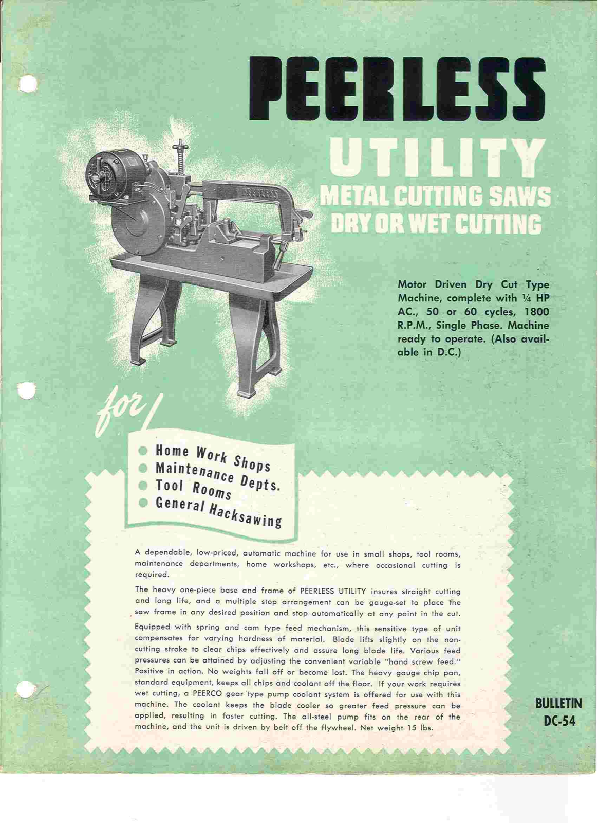 Peerless Machine Bulletin DC-54 Hack Saw, Power - ManualMachine.com