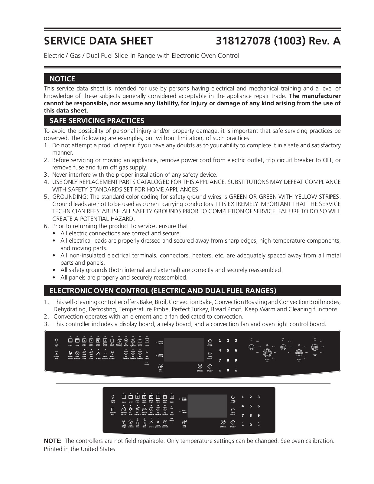 Electrolux EW30GS65GS SERVICE DATA SHEET