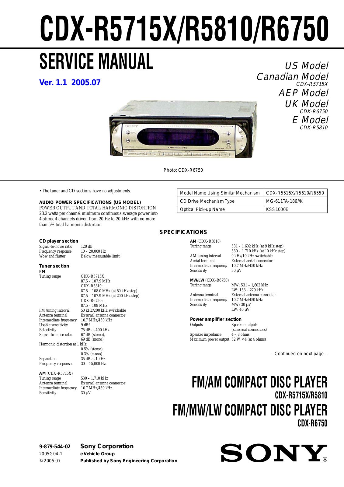 SONY CDX-R5715, CDX- R5810, CDX- R6750 Service Manual