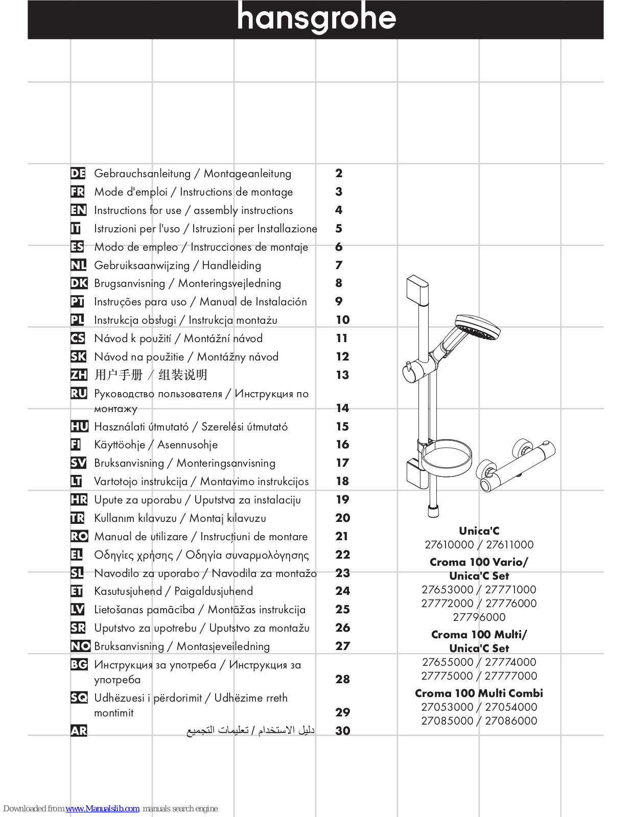 Hans Grohe 27610000, 27611000, 27653000, 27771000, 27772000 Assembly Instructions Manual