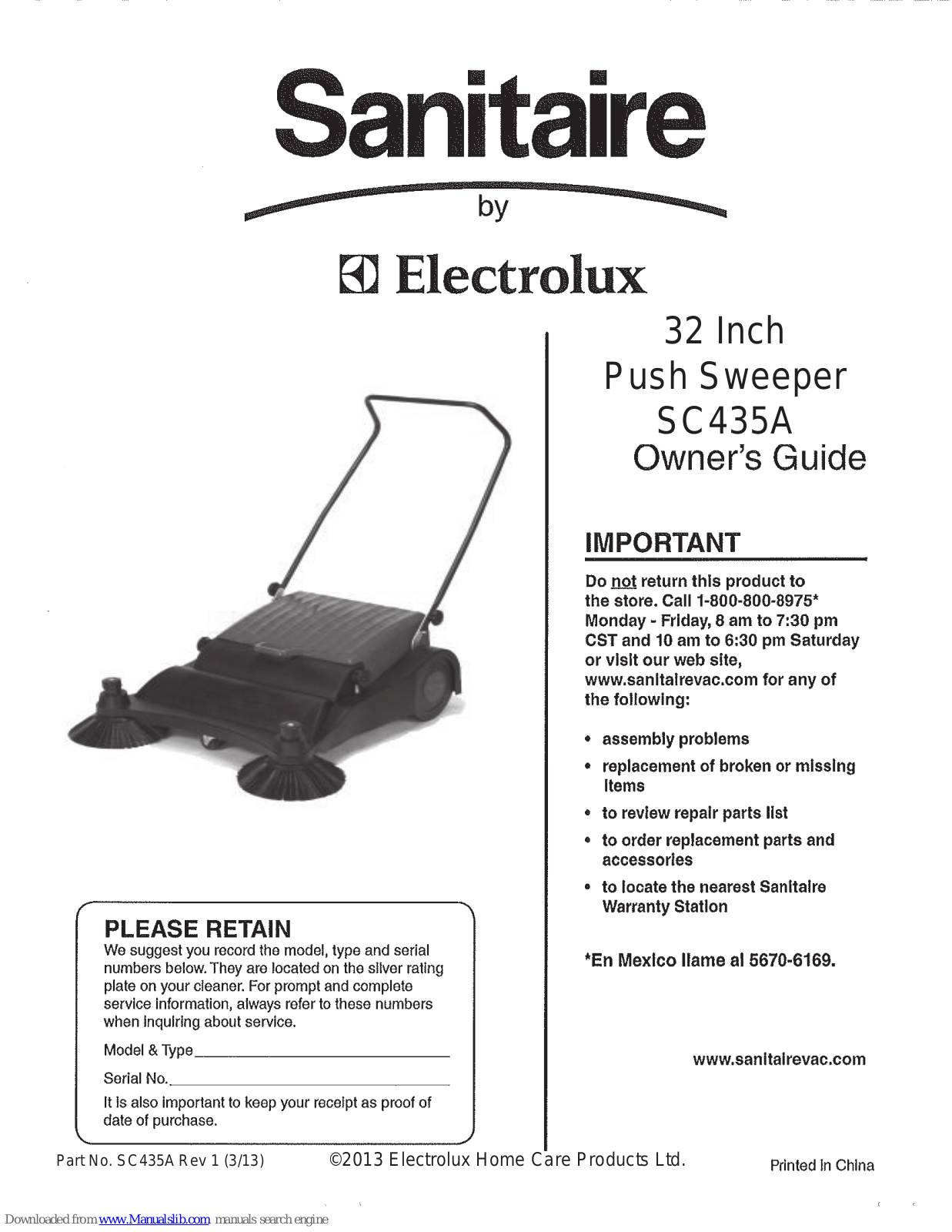 Sanitaire SC435A Owner's Manual