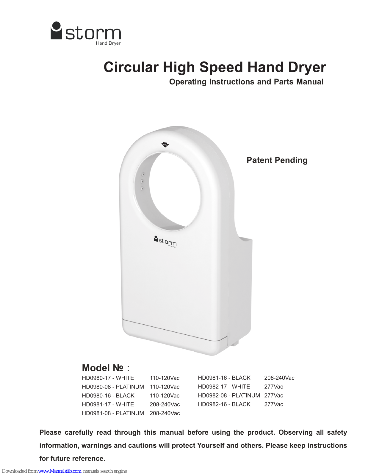 iStorm HD0980-17, HD0980-08, HD0981-08, HD0981-16, HD0982-17 Operating Instructions And Parts Manual