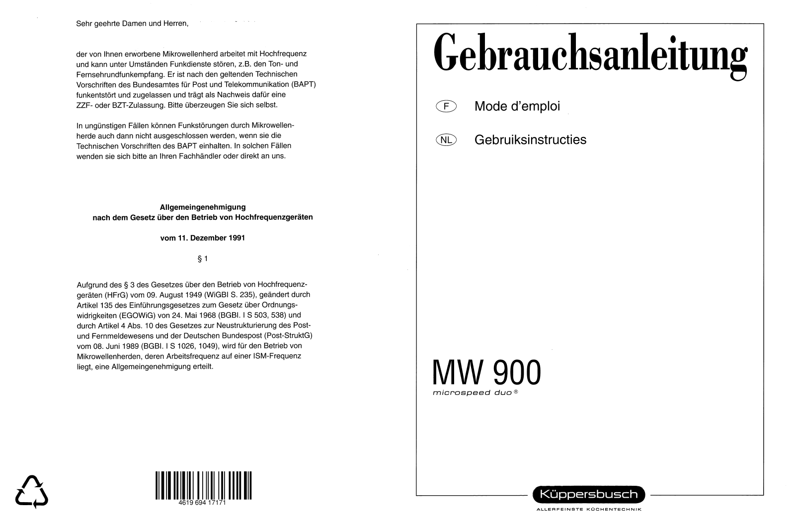 Kuppersbusch MW 900 Instruction Manual