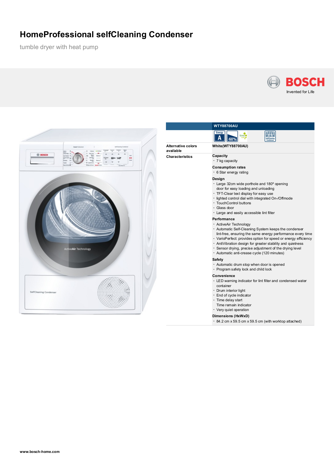 Bosch WTY88700AU Product Sheet
