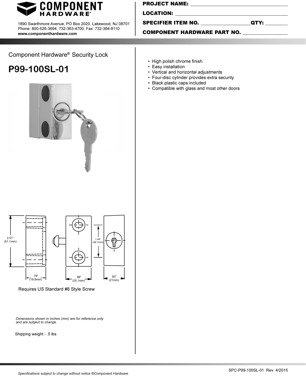 Component Hardware P99-100SL-01 User Manual