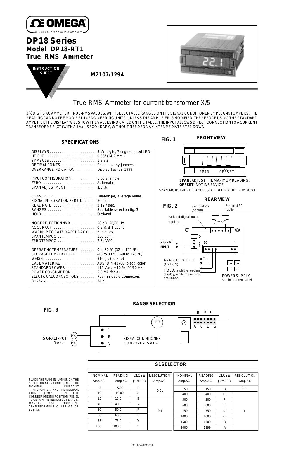 Omega Products DP18-RT1 Installation  Manual