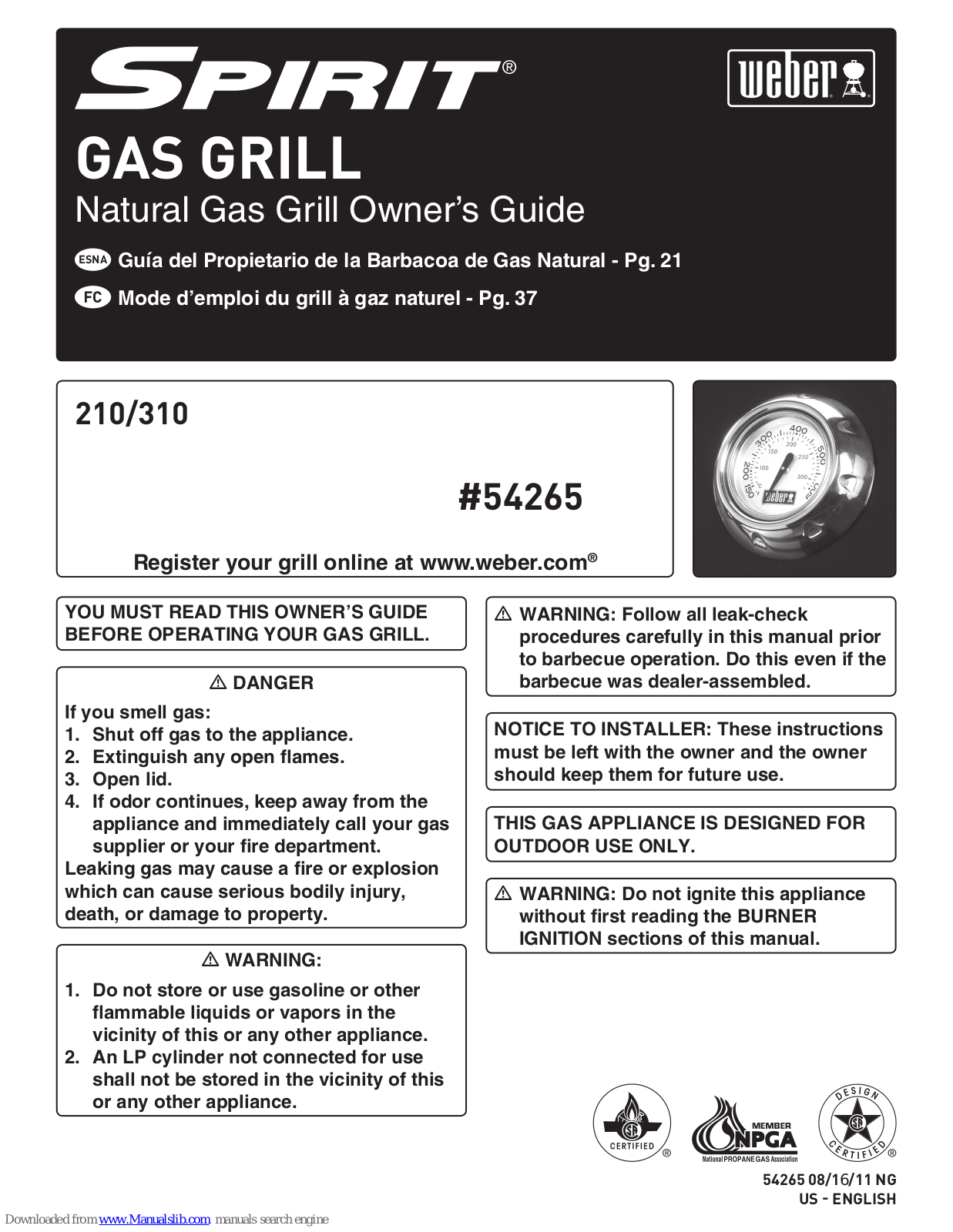 Weber SPIRIT 310 NG, SPIRIT 210 NG Owner's Manual