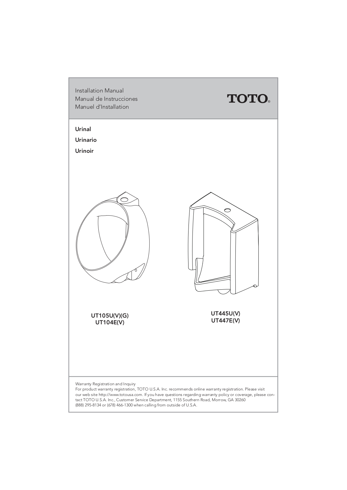 Toto UT105U, UT105UV, UT104E, UT445UV, UT445U Installation Manual