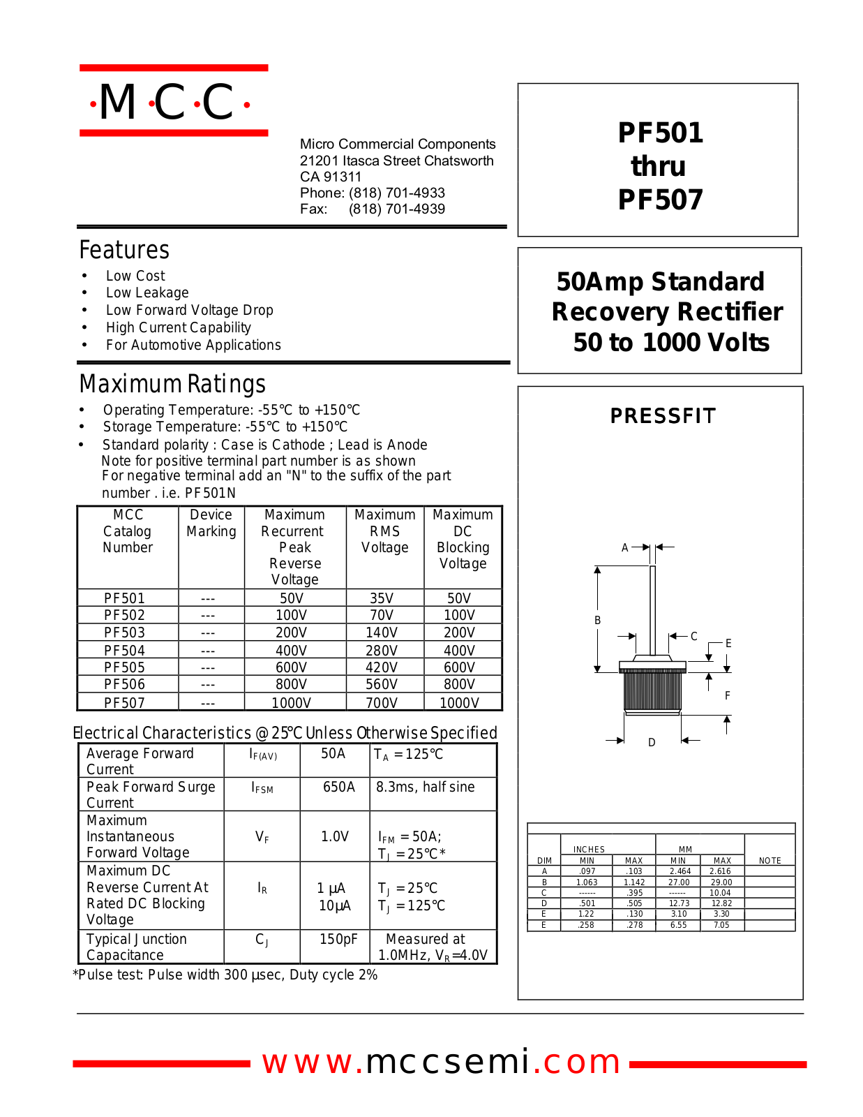 MCC PF501, PF506, PF507, PF502, PF503 Datasheet