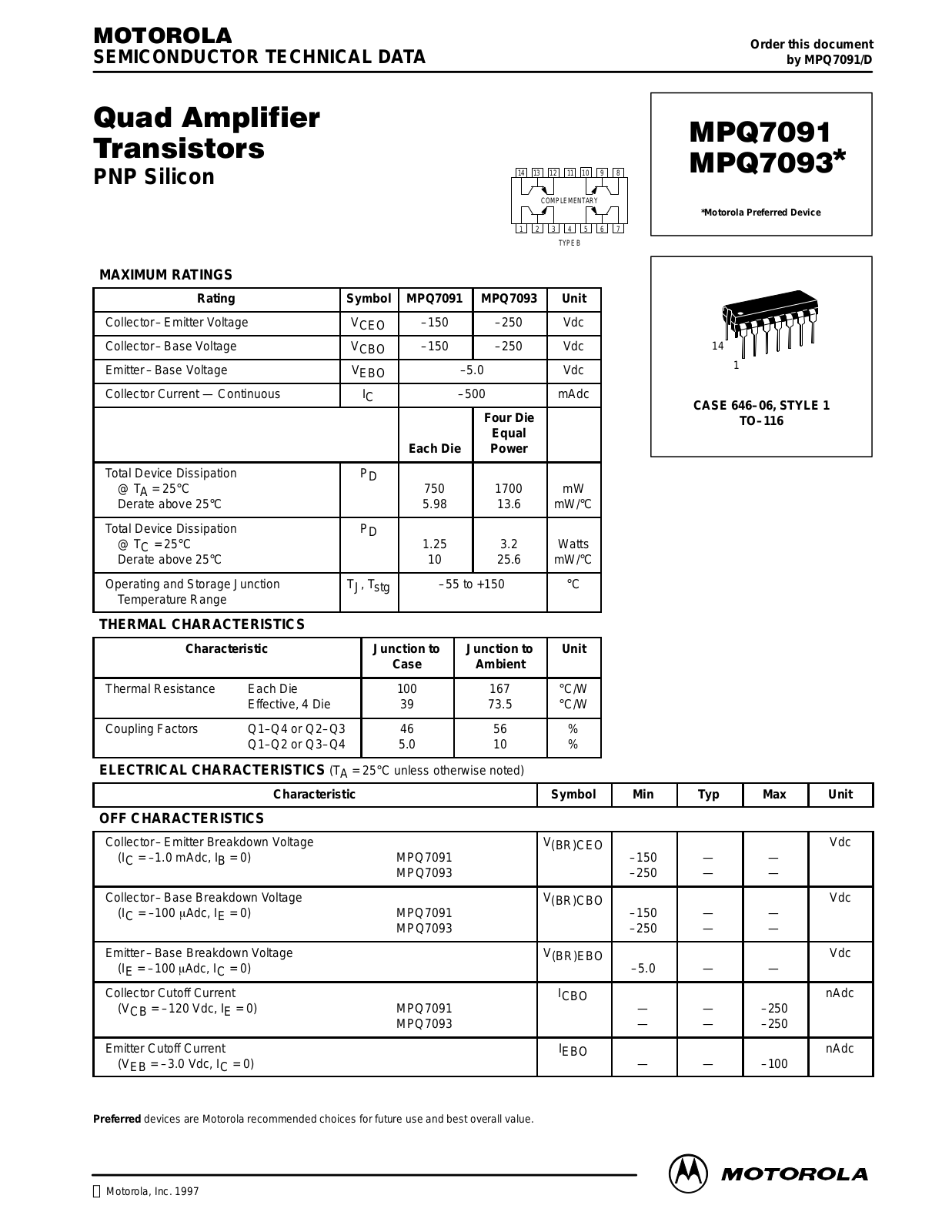 Motorola MPQ7093, MPQ7091 Datasheet