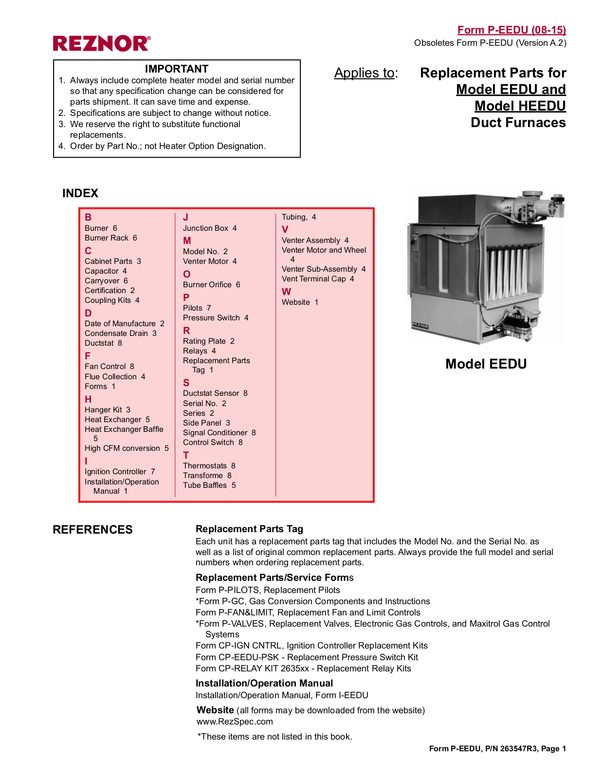 Reznor EEDU100 Parts List