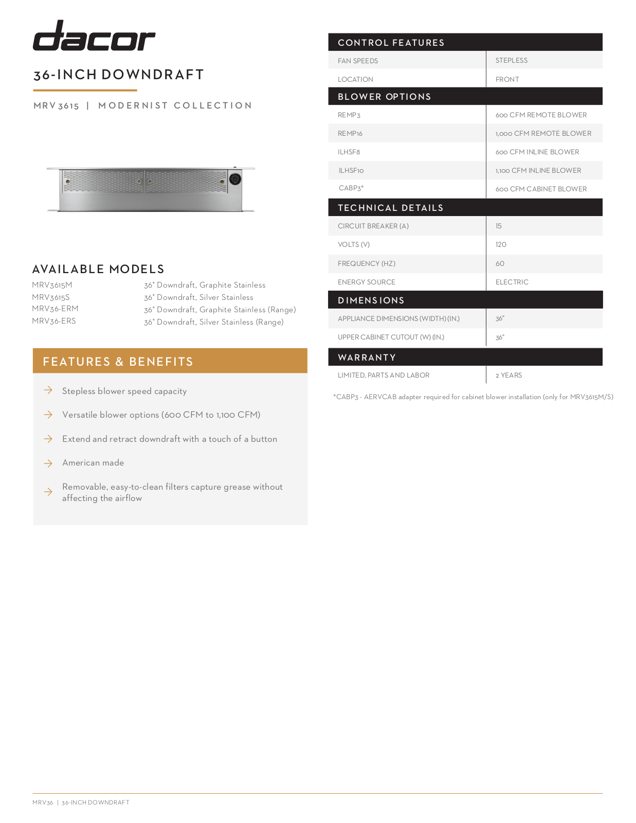 Dacor MRV3615M, MRV3615S, MRV36ERS, MRV36ERM Specifications