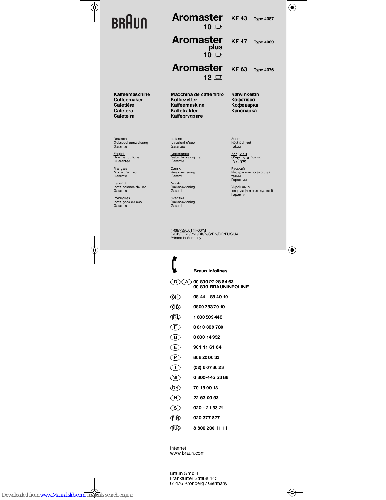 Braun AROMASTER KF 43 TYPE 4087, AROMASTER KF 47 TYPE 4069, AROMASTER KF 63 TYPE 4076, Aromaster KF 43, Aromaster PLUS KF 47 Use Instructions