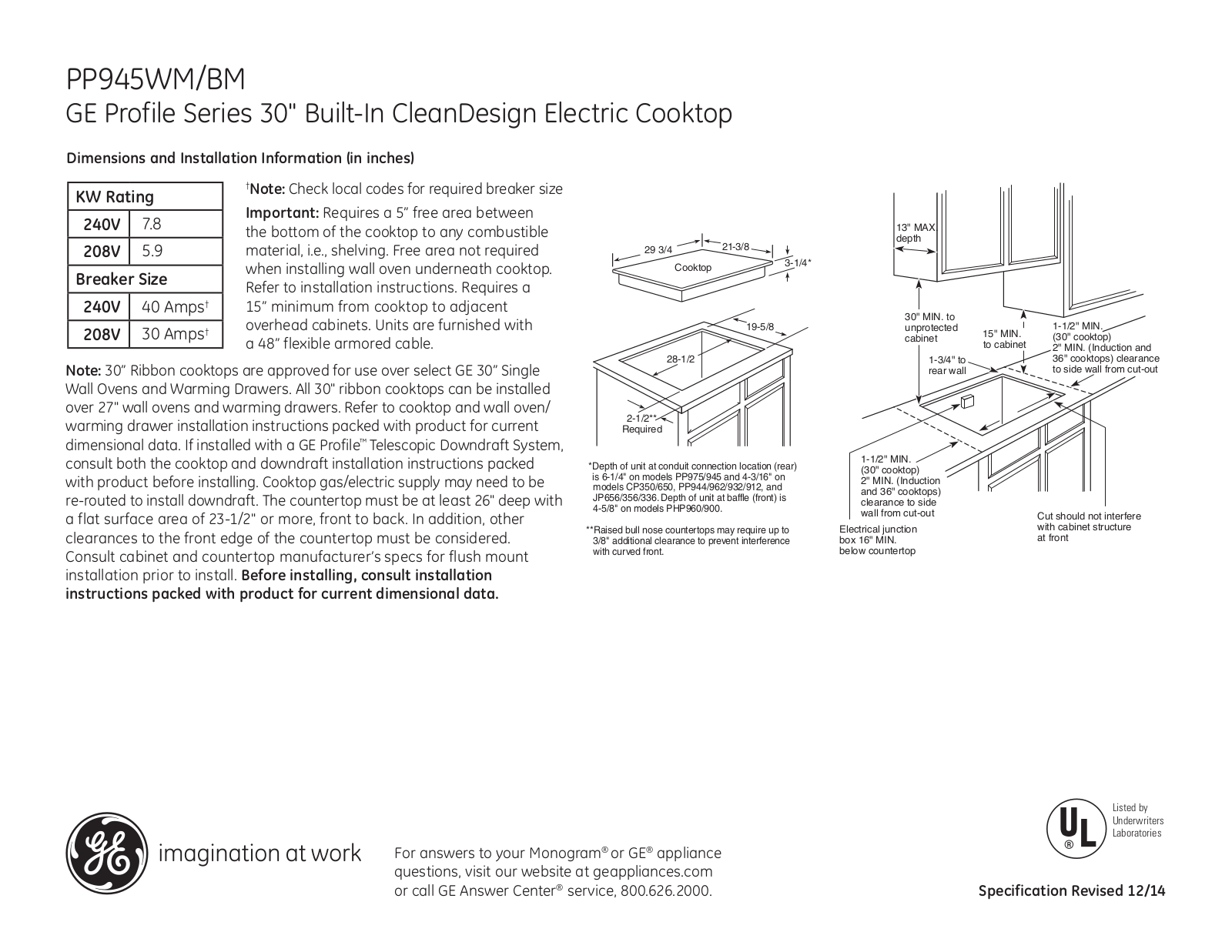 GE PP945WM, PP945BM Specification