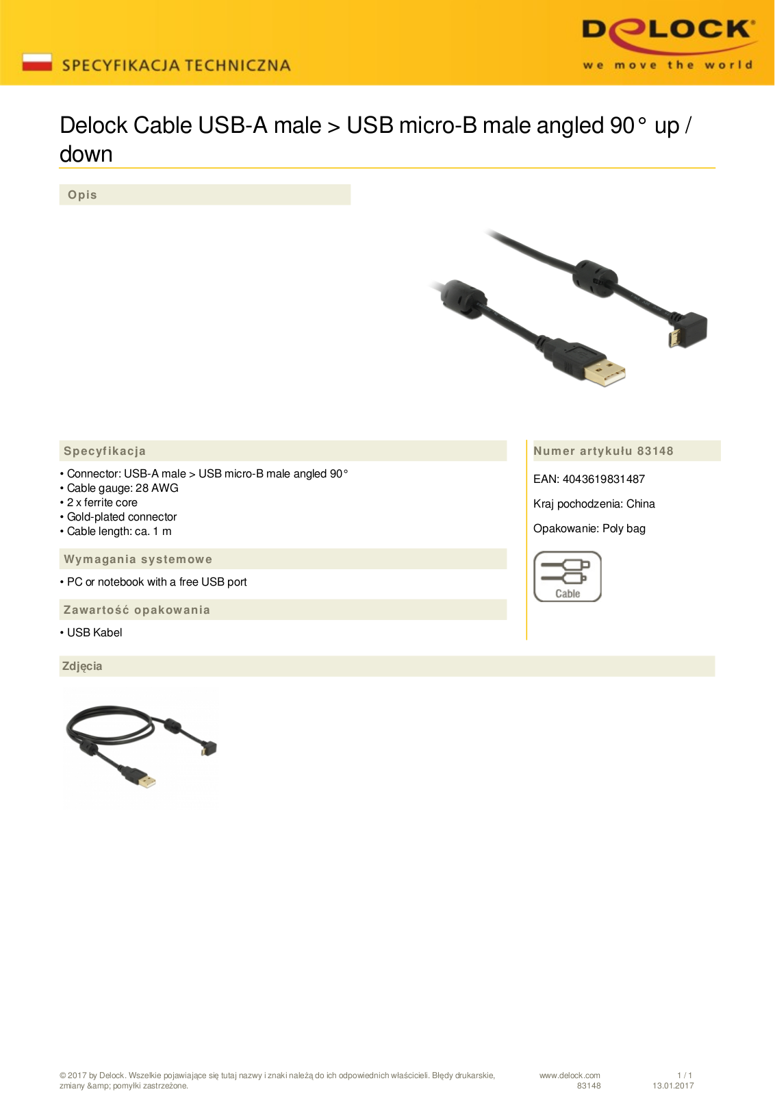 DeLOCK USB-A 2.0 to USB 2.0 micro-B adapter cable, 1m, angled 180 User Manual