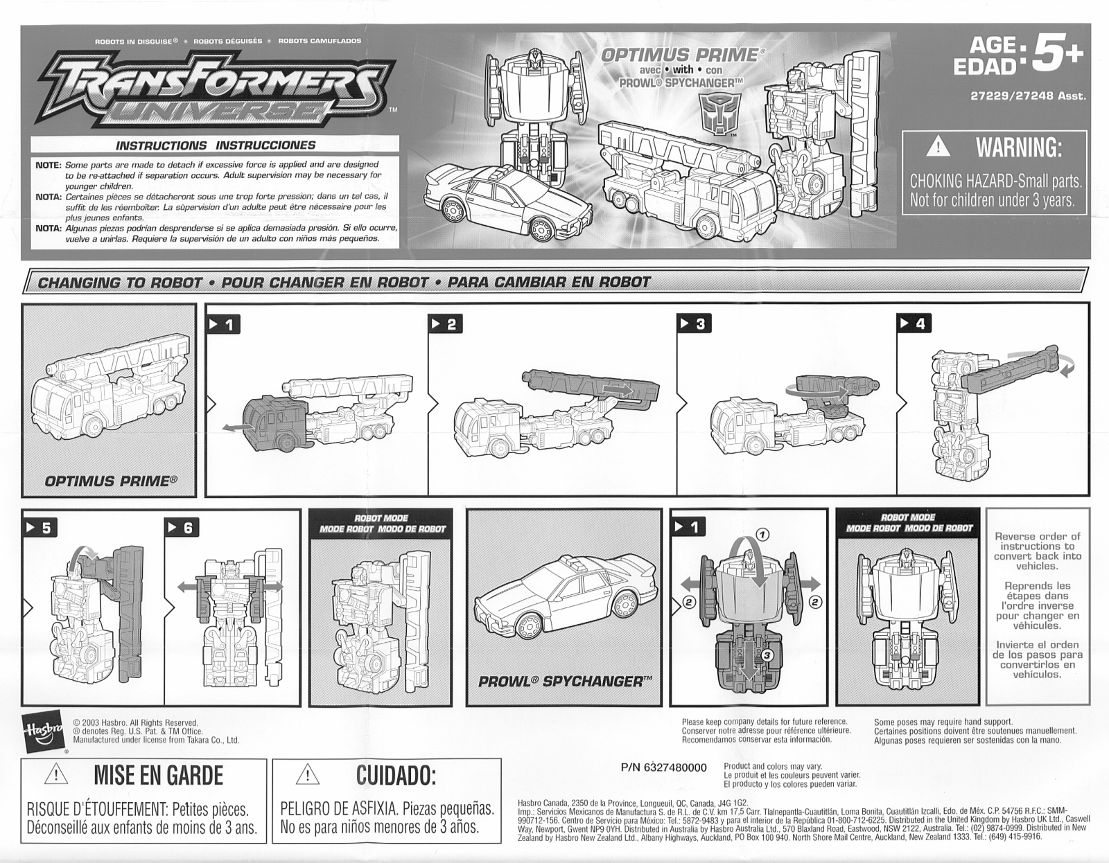 HASBRO Transformers Optimus Prime with Prowl Spychanger User Manual