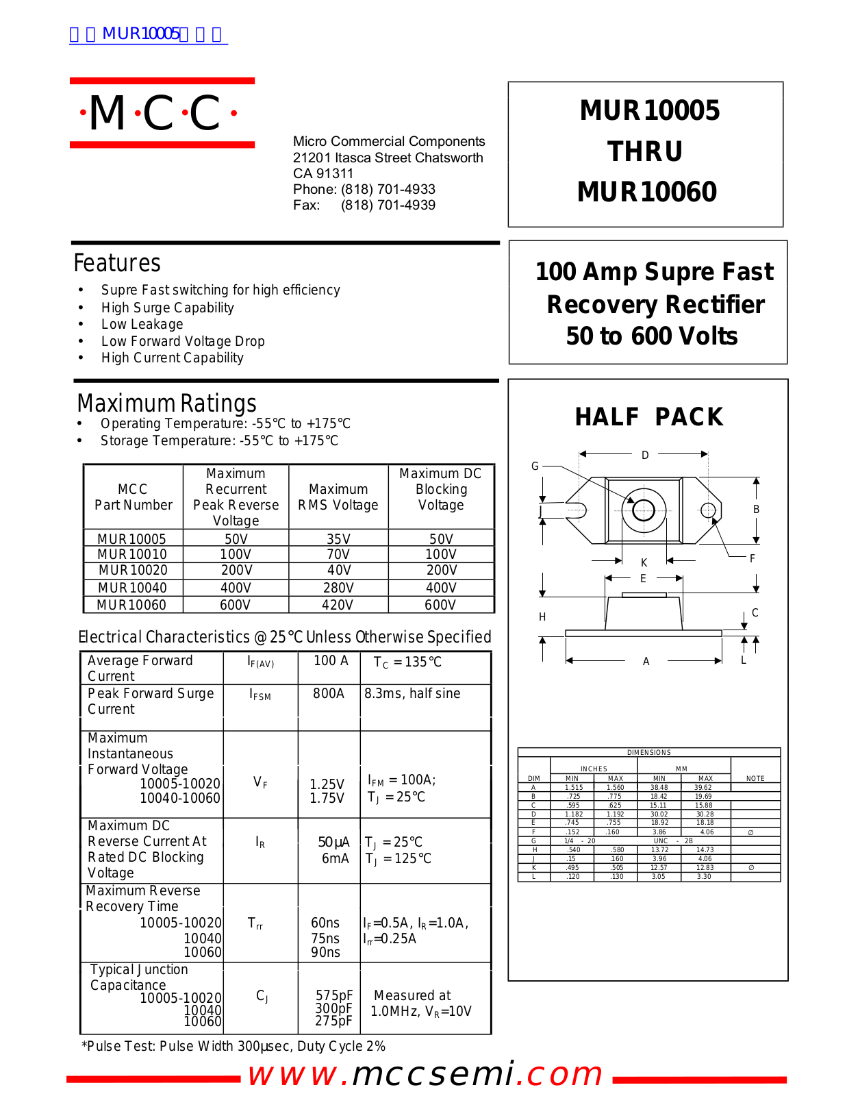 Micro Commercial Components MUR10005, MUR10060 Technical data