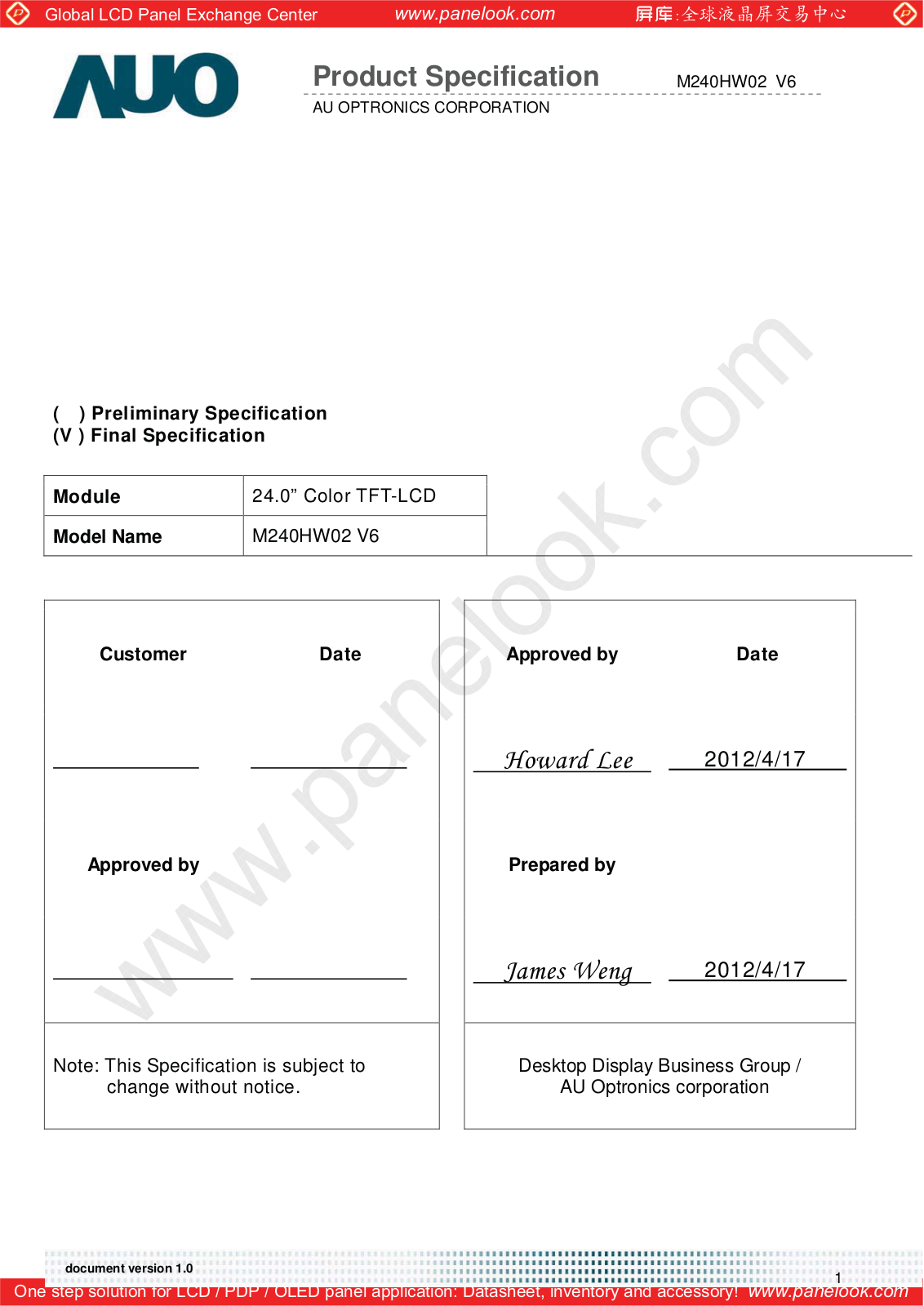 AUO M240HW02 V6 Specification - ManualMachine.com