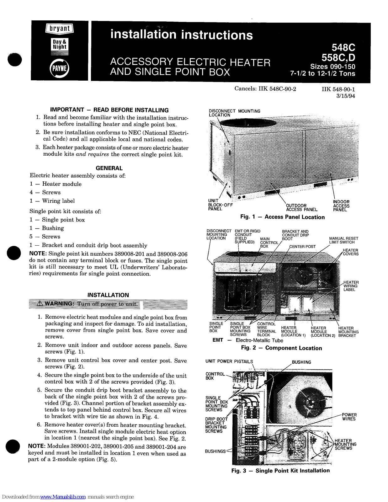 Bryant 548C, 558C, 558D Installation Instructions Manual