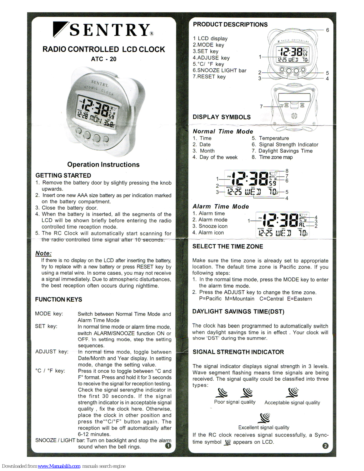 Sentry ATC-20 Operation Instructions Manual