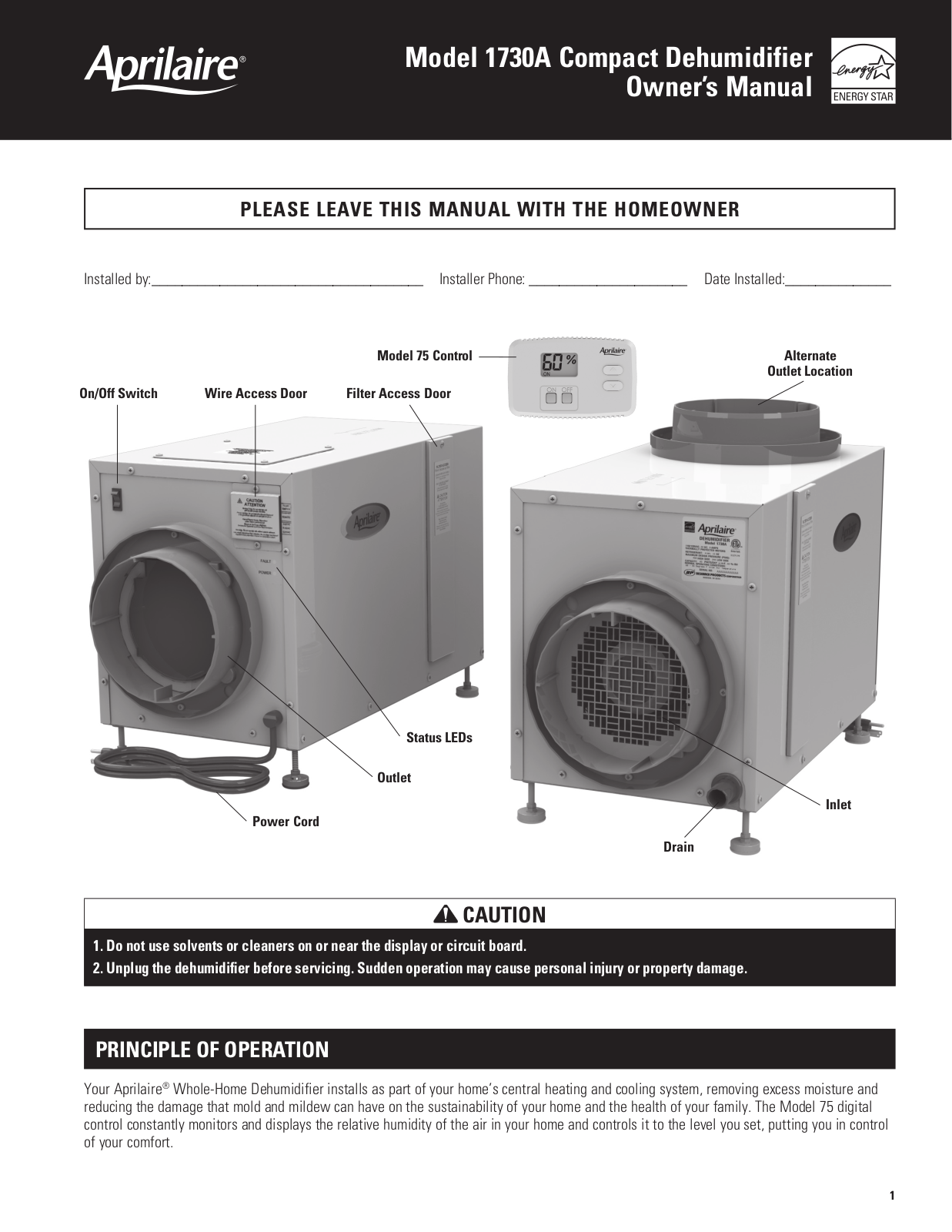 Aprilaire COMPACT DEHUMIDIFIER 1730A User Manual