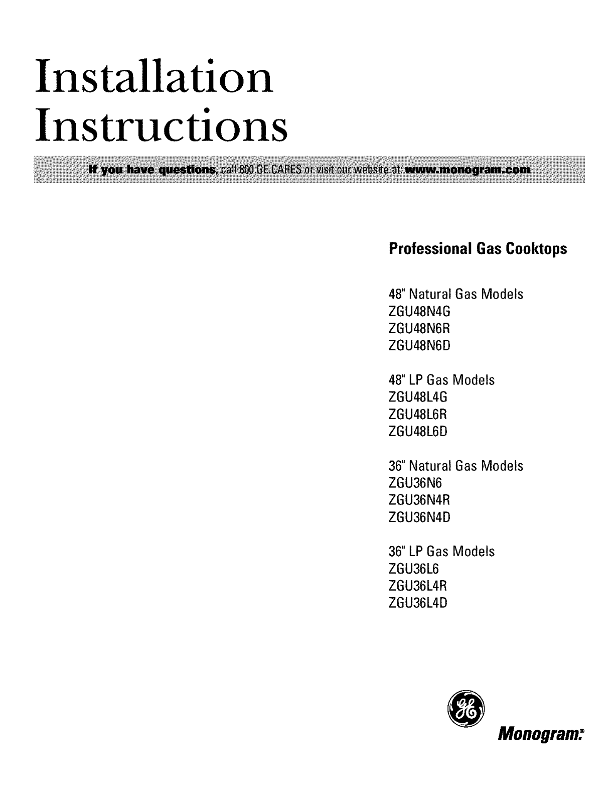 GE ZGU36KBK1BB, ZGU36KSK1SS, ZGU36KWK1WW, ZGU36L4DH1SS, ZGU36L4DH2SS Installation Guide - ManualMachine.com