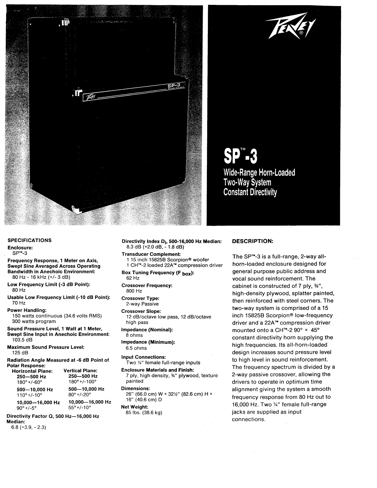 Peavey SP 3 DATASHEET