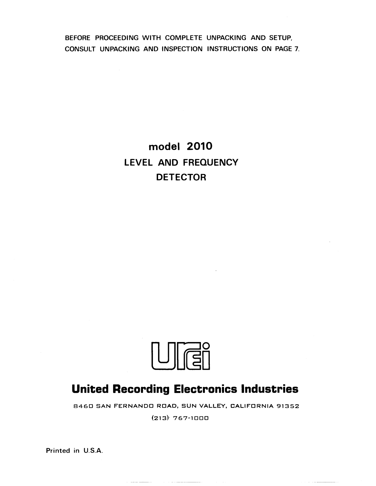 JBL UREI 2010 User Manual