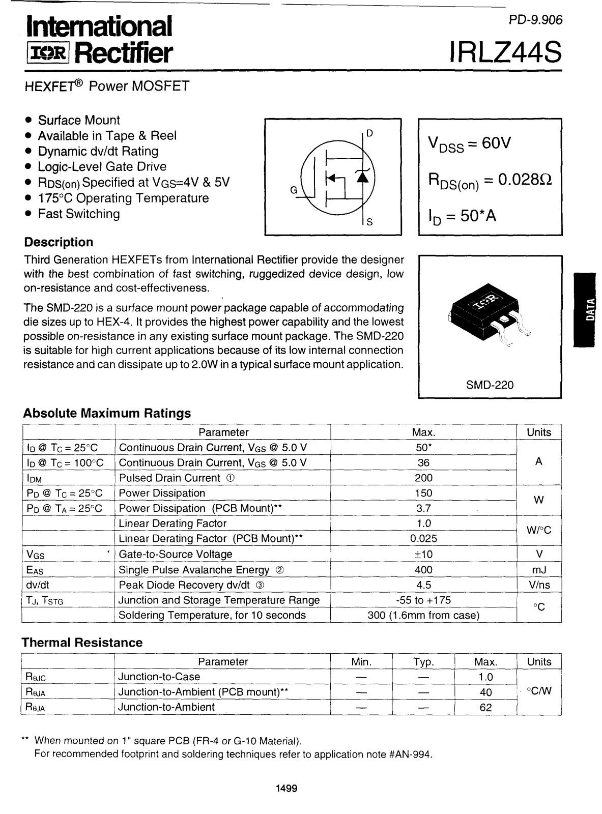 International Rectifier IRLZ44S Datasheet