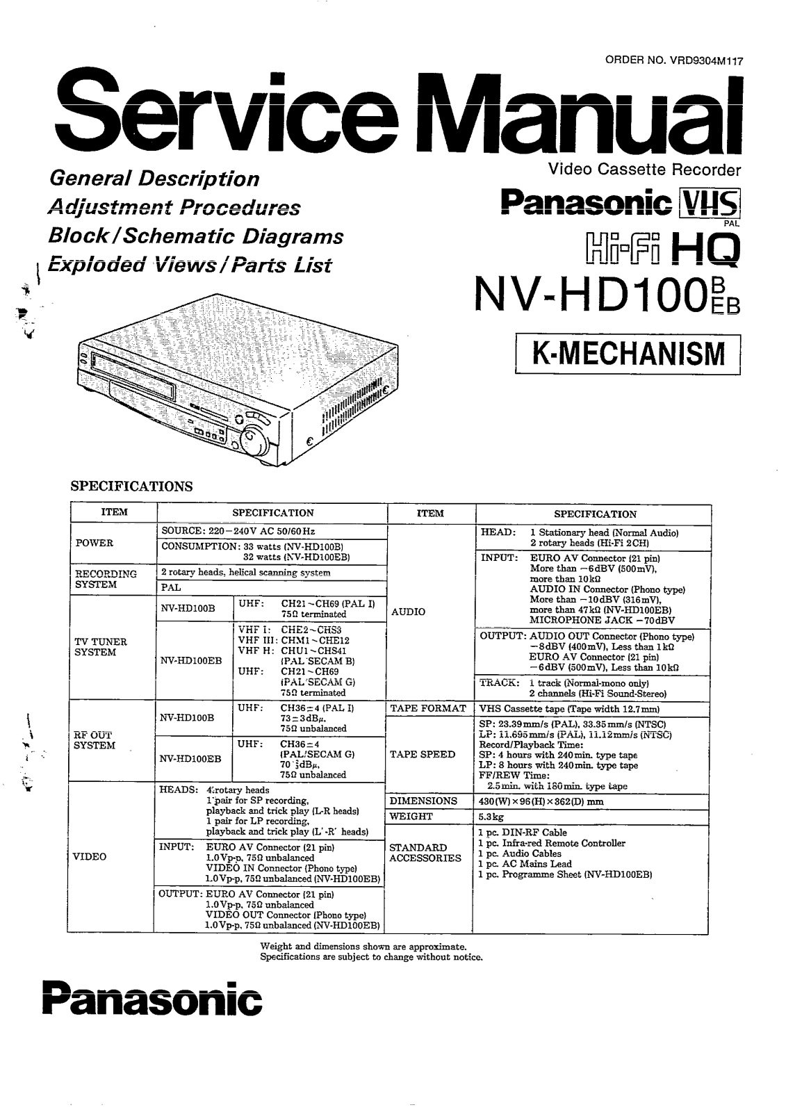 Panasonic NV-HD100 Service Manual