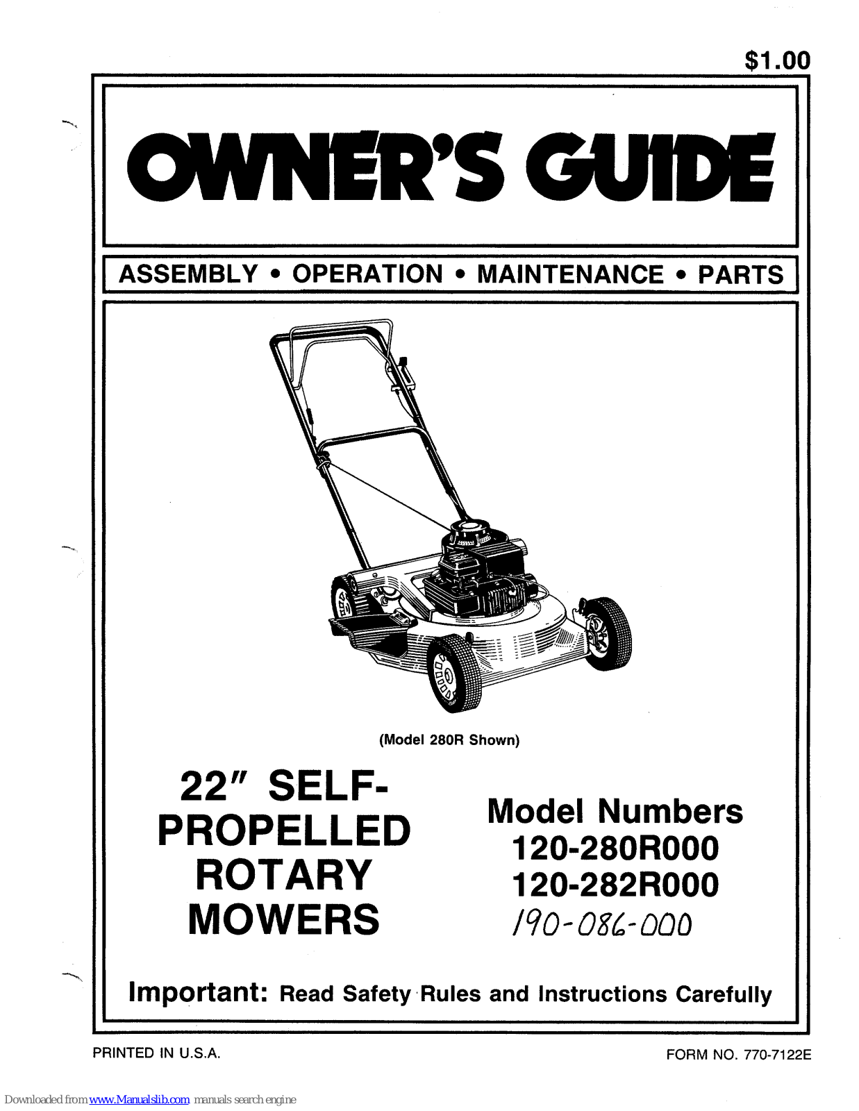 MTD 120-280R000, 120-282R000, 190-086-000 Owner's Manual