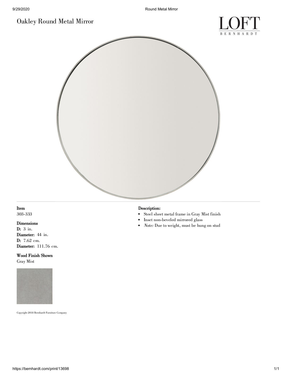 Bernhardt 303-333 Specification Sheet