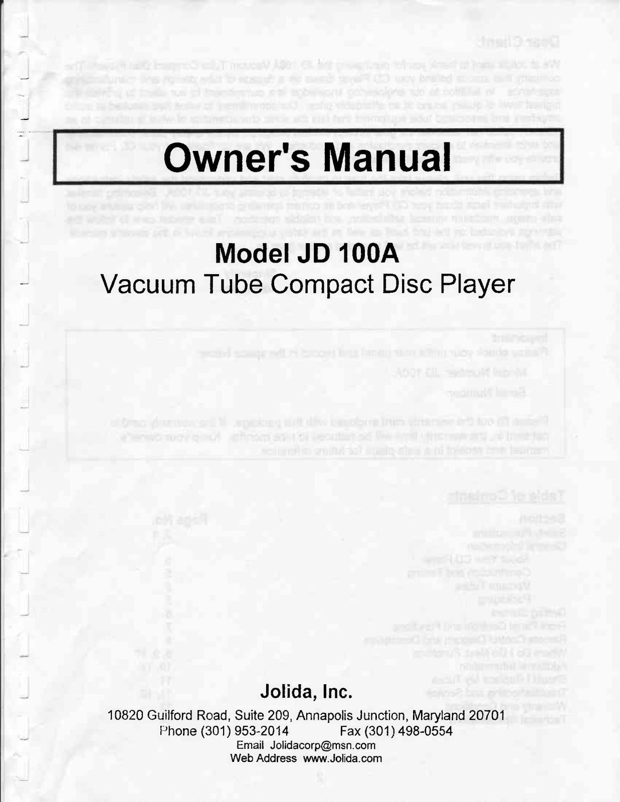 Jolida JD-100-A Owners manual