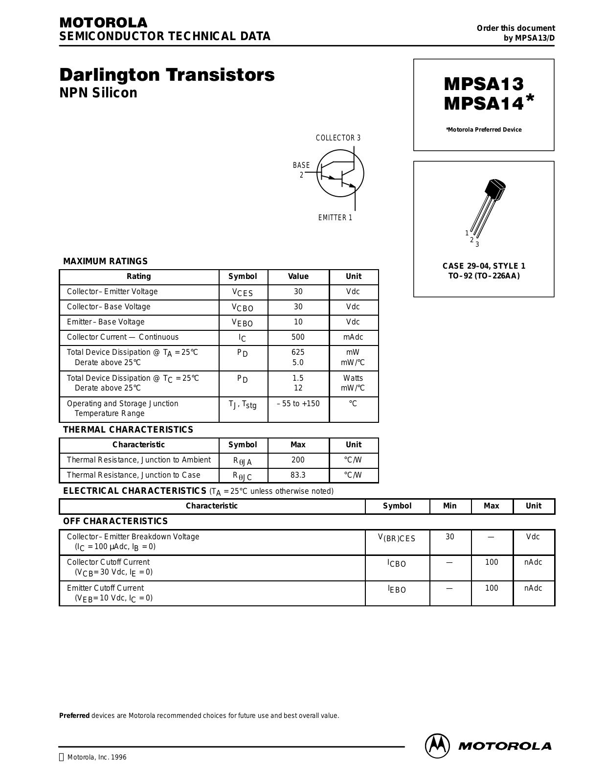 Motorola MPSA14 Datasheet