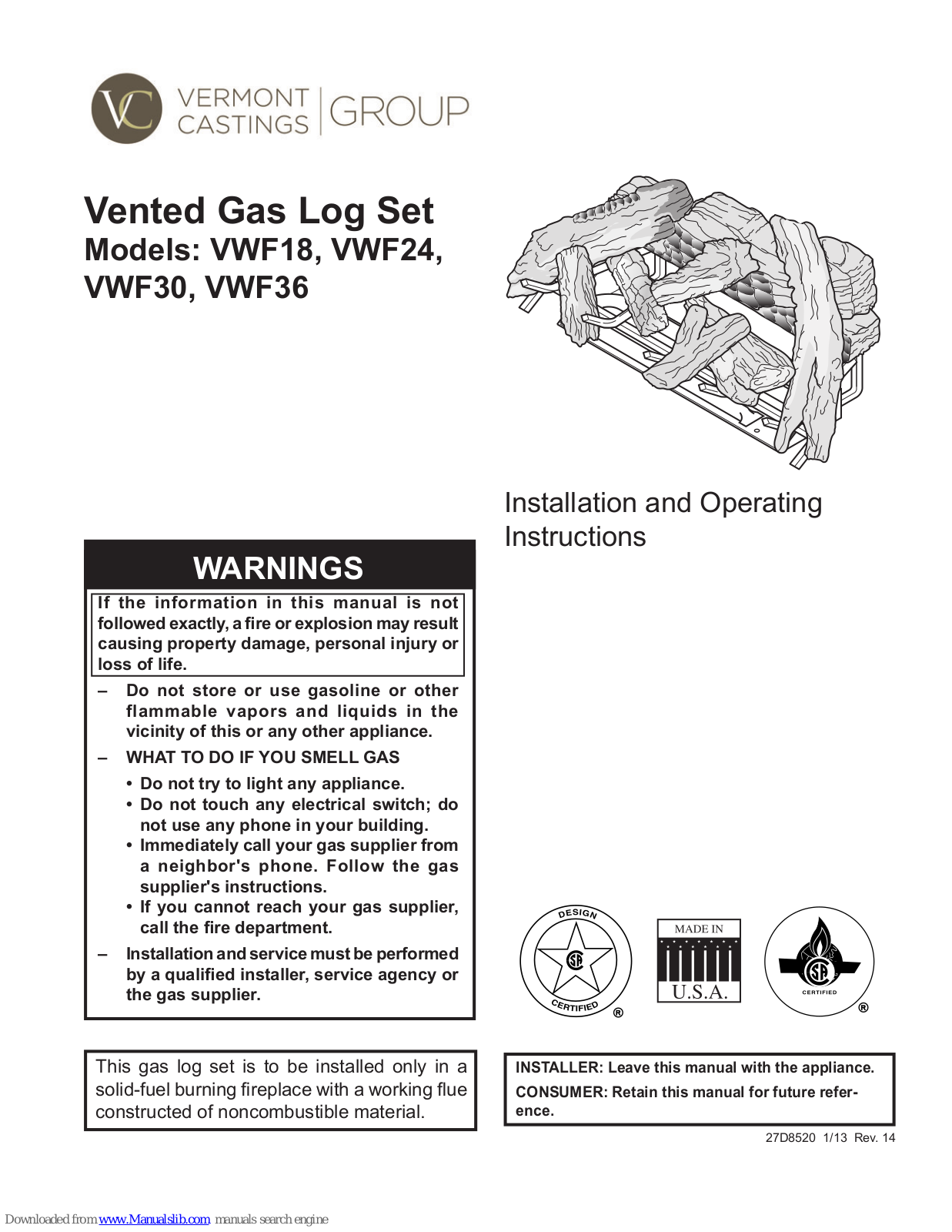 Vermont Castings VWF18, VWF24, VWF30, VWF36 Installation And Operating Instructions Manual